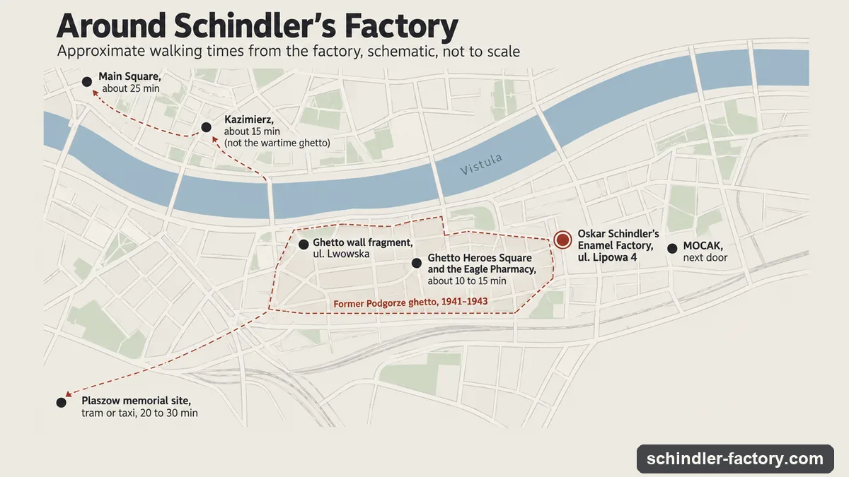 Schematic map of the area around Oskar Schindler's Enamel Factory in Krakow with approximate walking times to MOCAK, Ghetto Heroes Square, the Eagle Pharmacy, the Lwowska ghetto wall fragment, Kazimierz, the Main Square and the Plaszow memorial site