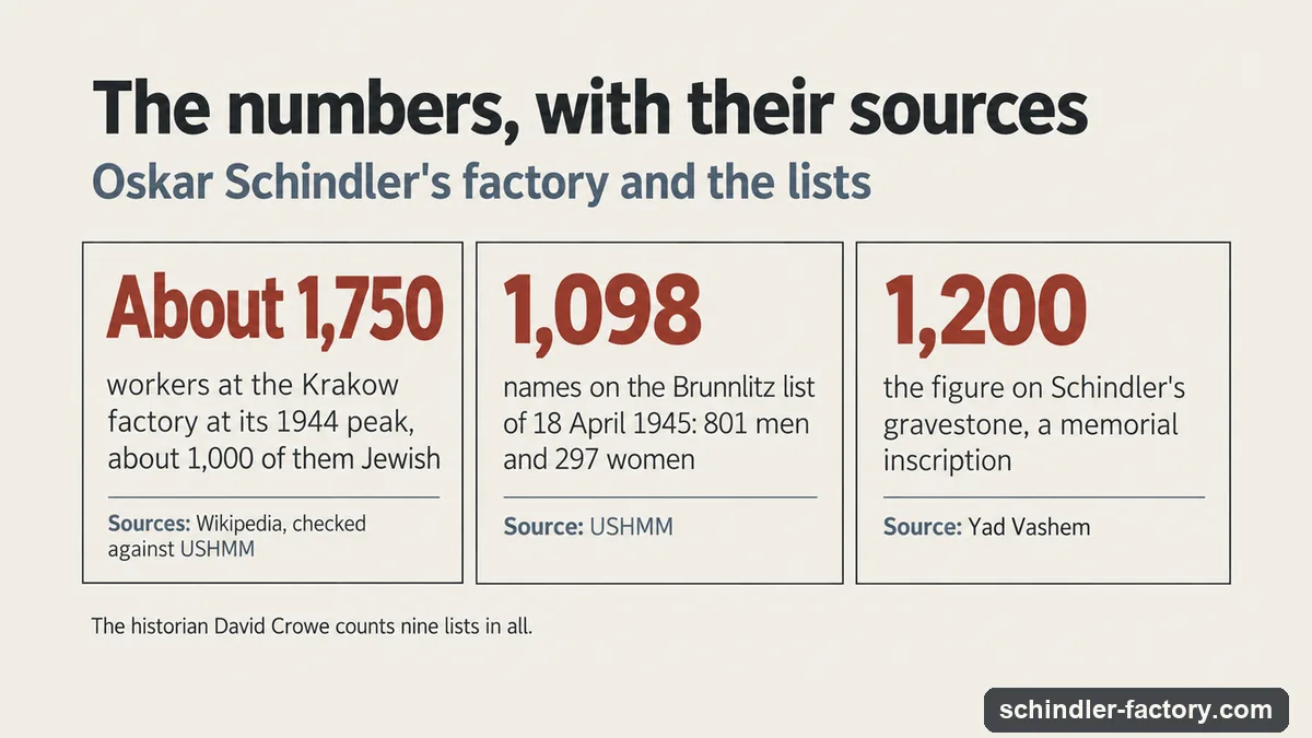 Infographic of the numbers behind Schindler's lists: about 1,750 workers at the Krakow factory in 1944, about 1,000 of them Jewish; 1,098 names on the Brunnlitz list of 18 April 1945; and 1,200, the figure on Schindler's gravestone